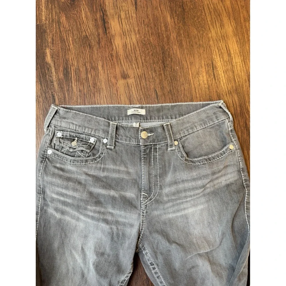 Y2K True Religion Ricky Relaxed Straight Gray Jeans White Contrast Stitch Sz 36